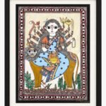 A traditional Madhubani painting on handmade paper depicting eight-armed Goddess Kushmanda in a blue patterned sari seated on a lion holding a sacred water pot, bow, arrow, lotus, and trident, framed by a protective eye-pattern border by artist Anupriya.