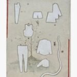 A vertical surrealist mixed media painting showing white clothing pattern templates floating over a delicate bare tree, annotated with tailoring notes like Cut and Make and featuring a red border detail by Hardev Chauhan.