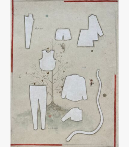 A vertical surrealist mixed media painting showing white clothing pattern templates floating over a delicate bare tree, annotated with tailoring notes like Cut and Make and featuring a red border detail by Hardev Chauhan.