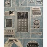 A vertical surrealist mixed media painting showing a blue grid of vintage tailoring items, including a sewing machine, iron, buttons, needles, scissors, thimbles, and hands holding a box, by Hardev Chauhan.