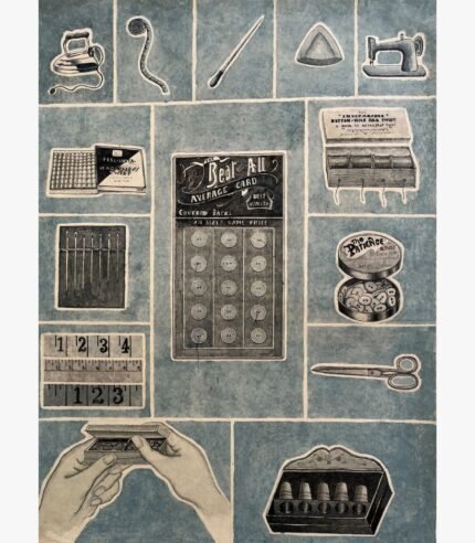 A vertical surrealist mixed media painting showing a blue grid of vintage tailoring items, including a sewing machine, iron, buttons, needles, scissors, thimbles, and hands holding a box, by Hardev Chauhan.