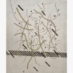 A vertical surrealist mixed media painting featuring curving yellow measuring tapes intertwined with thin cotton branches and black geometric slashes over a horizontal striped band on a textured beige background, by Hardev Chauhan.