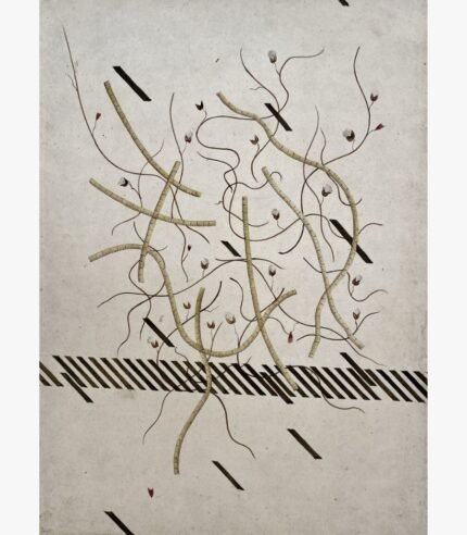 A vertical surrealist mixed media painting featuring curving yellow measuring tapes intertwined with thin cotton branches and black geometric slashes over a horizontal striped band on a textured beige background, by Hardev Chauhan.