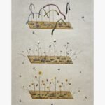 A vertical surrealist mixed media painting showing three stacked wooden planks on a textured beige background; the top holds colorful measuring tapes on stands, the middle sprouts raw cotton plants, and the bottom blooms with yellow and red wildflowers, by Hardev Chauhan.
