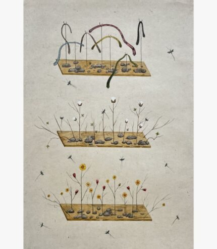 A vertical surrealist mixed media painting showing three stacked wooden planks on a textured beige background; the top holds colorful measuring tapes on stands, the middle sprouts raw cotton plants, and the bottom blooms with yellow and red wildflowers, by Hardev Chauhan.