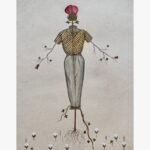 A vertical surrealist mixed media painting of a standing figure wearing a checkered yellow short-sleeve shirt and grey trousers, with a large pink flower head, branching arms, and exposed roots growing out of a cotton field by Hardev Chauhan.