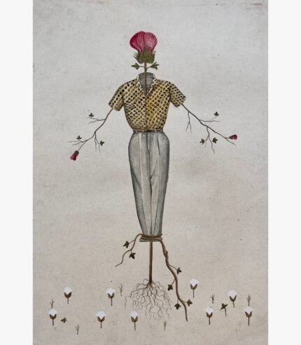 A vertical surrealist mixed media painting of a standing figure wearing a checkered yellow short-sleeve shirt and grey trousers, with a large pink flower head, branching arms, and exposed roots growing out of a cotton field by Hardev Chauhan.