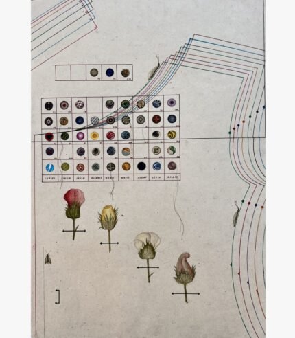 A vertical surrealist mixed media painting featuring a detailed grid of colorful specimen buttons with Roman numerals, layered multi-colored drafting lines, and four botanical flower buds mapped with grain markings on an off-white paper background, by Hardev Chauhan.
