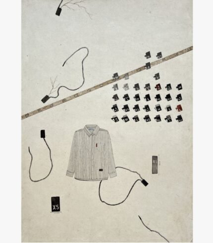 A vertical surrealist mixed media painting featuring a finely detailed pinstripe collared shirt surrounded by floating charcoal thread coils, a diagonal vintage measuring tape, and an organized grid of black garment size tags ranging from XS to XL on an off-white paper background, by Hardev Chauhan.
