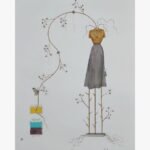 A vertical surrealist mixed media painting of a floating garment assembly with a yellow blouse and grey skirt supported by wooden branch stilts, featuring an arching cotton vine connecting to fabric swatch samples on a light gray background, by Hardev Chauhan.