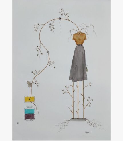 A vertical surrealist mixed media painting of a floating garment assembly with a yellow blouse and grey skirt supported by wooden branch stilts, featuring an arching cotton vine connecting to fabric swatch samples on a light gray background, by Hardev Chauhan.