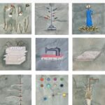 A square mixed media painting by Hardev Chauhan featuring a nine-panel grid with surrealist illustrations of cotton plants, thread spools, a blue dress silhouette, a vintage sewing machine, and buttons over textured grey-green backgrounds.