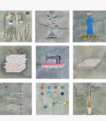 A square mixed media painting by Hardev Chauhan featuring a nine-panel grid with surrealist illustrations of cotton plants, thread spools, a blue dress silhouette, a vintage sewing machine, and buttons over textured grey-green backgrounds.