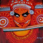 Original traditional painting titled Sacred Crimson Theyyam by Akshaya Sivadas featuring a powerful close-up portrait of a Theyyam dancer with fierce expressions and silver-toned circular ear ornaments on a deep red background.