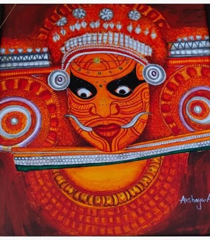 Original traditional painting titled Sacred Crimson Theyyam by Akshaya Sivadas featuring a powerful close-up portrait of a Theyyam dancer with fierce expressions and silver-toned circular ear ornaments on a deep red background.