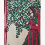 An original Indian Madhubani folk art painting on handmade paper featuring a traditional woman under a fruiting tree by artist Bhavna Mishra.
