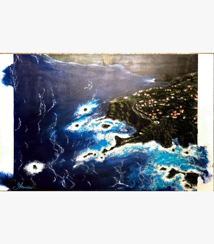 An original aerial seascape canvas painting featuring dark blue ocean waves crashing against Mediterranean coastal cliffs by artist Jyoti Machigad.