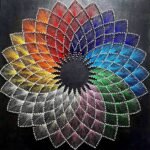 Handcrafted geometric string art mandala on a dark wooden board titled Chromatic Resonance by Asit Trivedi featuring a multi-layered spectrum of rainbow colored threads forming a continuous woven kaleidoscope.