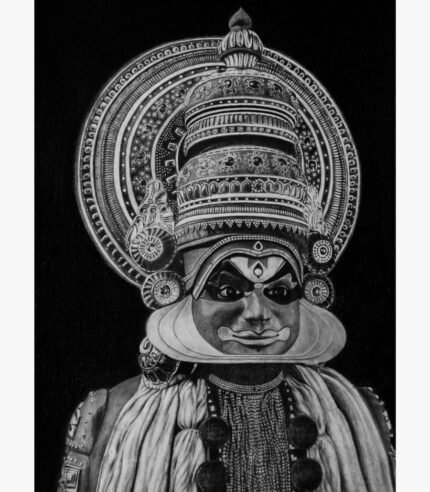 Highly detailed monochrome charcoal and graphite sketch titled Kathakali (Divine Expression) by Bharti Parmar depicting a traditional Kathakali dancer with an elaborate headgear and expressive facial makeup.
