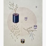 Original contemporary watercolor painting titled Threads of Cultivation by Hardev Chauhan showcasing a surreal geometric composition with vintage thread spools, cotton branches, and a circular diagram on a textured background.