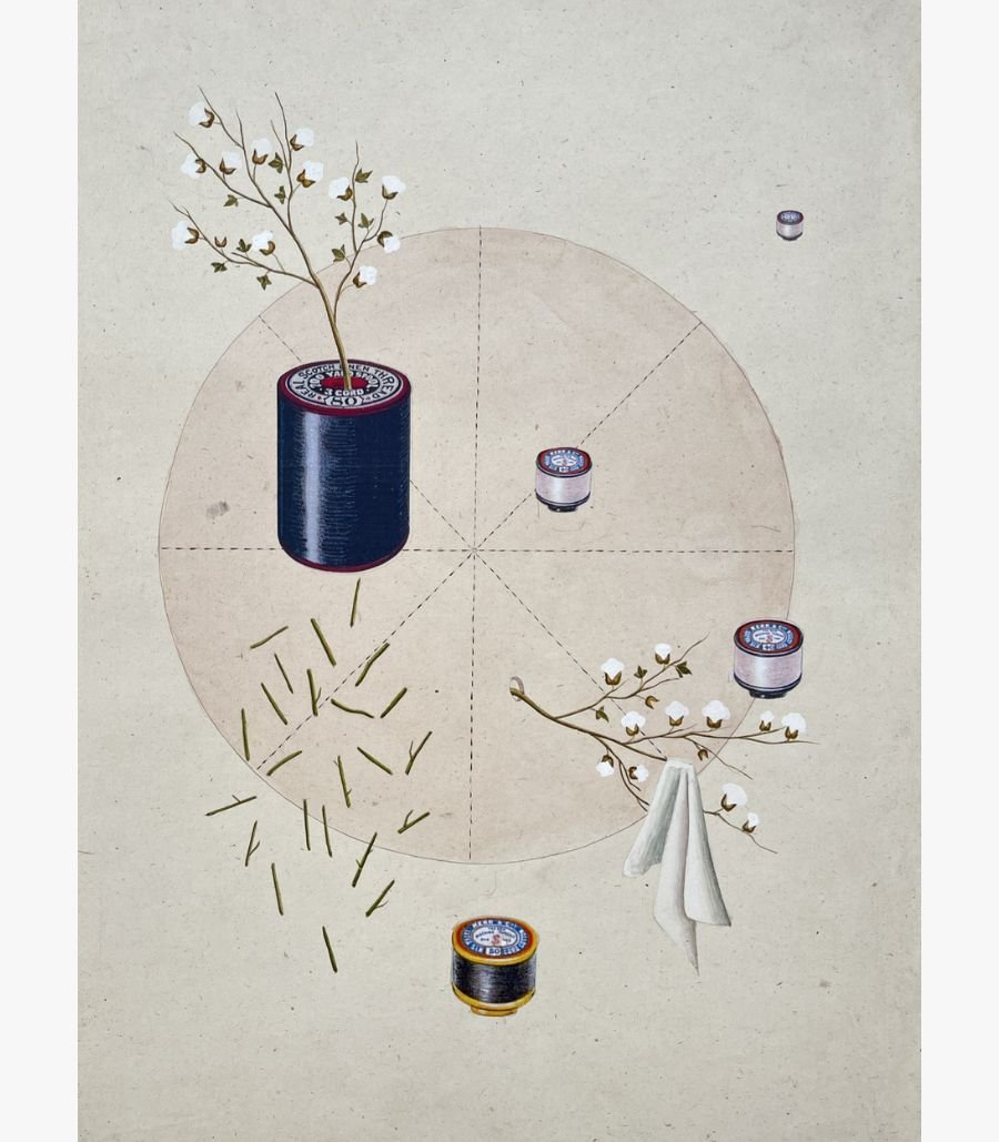 5 Original contemporary watercolor painting titled Threads of Cultivation by Hardev Chauhan showcasing a surreal geometric composition with vintage thread spools, cotton branches, and a circular diagram on a textured background.