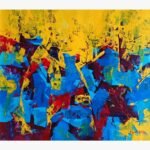 Original abstract expressionist acrylic painting titled Azure Canopy by Sajjad Kapasi featuring high-contrast geometric blocks of cobalt blue, bright yellow, and deep crimson.