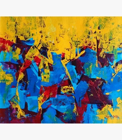 Original abstract expressionist acrylic painting titled Azure Canopy by Sajjad Kapasi featuring high-contrast geometric blocks of cobalt blue, bright yellow, and deep crimson.