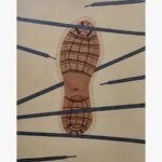 Original contemporary surrealist watercolor painting titled The Marked Path by Vala Yash showcasing a detailed brown shoe sole print surrounded by a colorful stitched halo and overlaid with long dark grey shoelaces on a beige background.