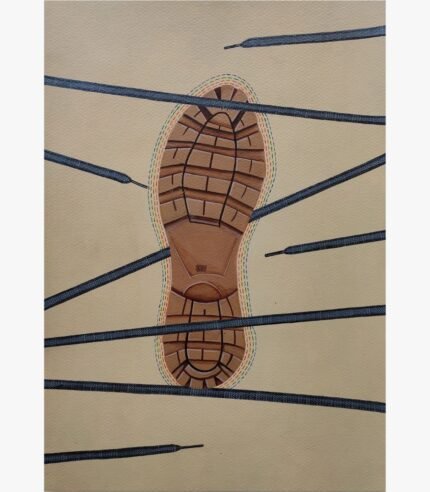 Original contemporary surrealist watercolor painting titled The Marked Path by Vala Yash showcasing a detailed brown shoe sole print surrounded by a colorful stitched halo and overlaid with long dark grey shoelaces on a beige background.