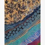An abstract vertical mixed media painting featuring a gold background with monochrome floral patterns above layered rows of circles, waves, and colorful dots by Vikas Shiyal.