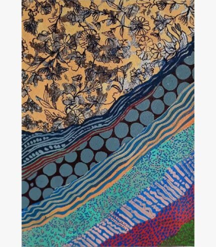 An abstract vertical mixed media painting featuring a gold background with monochrome floral patterns above layered rows of circles, waves, and colorful dots by Vikas Shiyal.