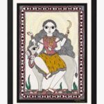 A traditional Madhubani painting on handmade paper depicting four-armed Goddess Katyayani in yellow and pink attire holding a golden curved sword seated on a sacred mount, framed by a protective eye-pattern border by artist Anupriya.