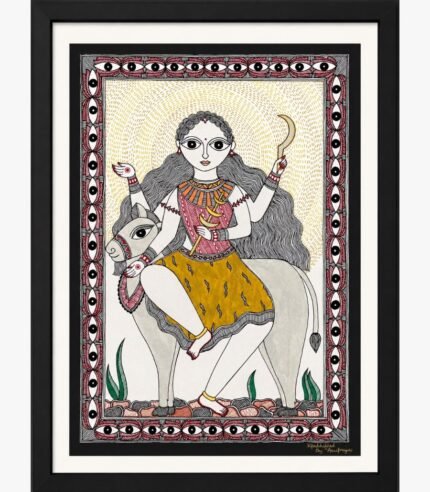 A traditional Madhubani painting on handmade paper depicting four-armed Goddess Katyayani in yellow and pink attire holding a golden curved sword seated on a sacred mount, framed by a protective eye-pattern border by artist Anupriya.