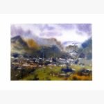An original impressionistic watercolor landscape painting on paper depicting high-voltage power towers in a misty valley with purple hills by artist Avinash.