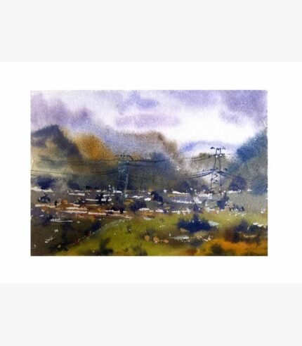 An original impressionistic watercolor landscape painting on paper depicting high-voltage power towers in a misty valley with purple hills by artist Avinash.