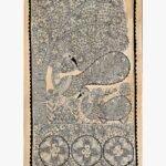 An original Indian Madhubani folk art pen and ink painting on beige handmade paper depicting peacocks under a Tree of Life with fish mandalas by artist Dr. Pratibha Jain.