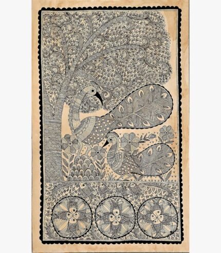 An original Indian Madhubani folk art pen and ink painting on beige handmade paper depicting peacocks under a Tree of Life with fish mandalas by artist Dr. Pratibha Jain.