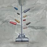 Original contemporary watercolor painting titled Threads of Identity by Hardev Chauhan showcasing a surreal tree-like stand composed of sewing needles and colorful thread spools rooted inside a folded shirt collar on a textured grey background.