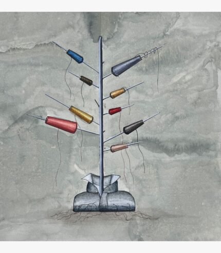 Original contemporary watercolor painting titled Threads of Identity by Hardev Chauhan showcasing a surreal tree-like stand composed of sewing needles and colorful thread spools rooted inside a folded shirt collar on a textured grey background.