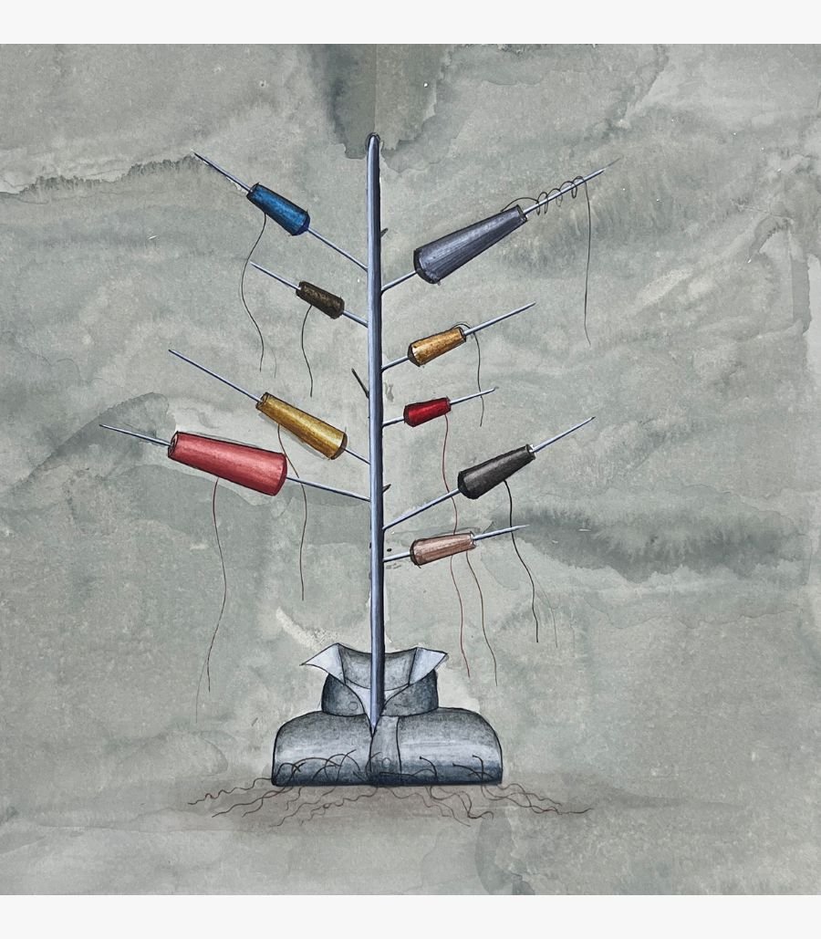 6 Original contemporary watercolor painting titled Threads of Identity by Hardev Chauhan showcasing a surreal tree-like stand composed of sewing needles and colorful thread spools rooted inside a folded shirt collar on a textured grey background.