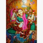 Traditional Kerala mural painting titled Enchanted Radha by Akshaya Sivadas depicting Radha holding a pink veil under a full moon surrounded by lotus blossoms, a swan, and a golden forest.