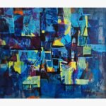 Original abstract landscape acrylic painting titled Nocturnal Rhythms by Sajjad Kapasi featuring structured geometric patches of blue, cyan, indigo, and bright yellow accents.