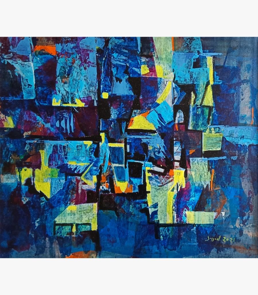 6 Original abstract landscape acrylic painting titled Nocturnal Rhythms by Sajjad Kapasi featuring structured geometric patches of blue, cyan, indigo, and bright yellow accents.