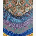 An abstract vertical mixed media painting showcasing an intricate Mughal-style floral tapestry on a gold leaf background above cascading textured bands of red, purple, and green patterns by Vikas Shiyal.