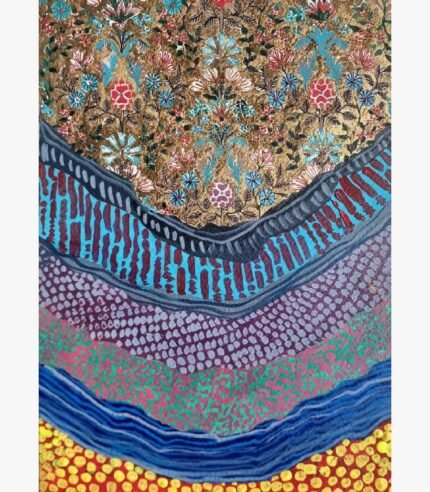 An abstract vertical mixed media painting showcasing an intricate Mughal-style floral tapestry on a gold leaf background above cascading textured bands of red, purple, and green patterns by Vikas Shiyal.