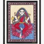 A traditional Madhubani painting on handmade paper depicting four-armed Goddess Siddhidatri in red and blue attire holding a mace, chakra, shankha, and lotus, seated on a pink lotus over blue water, framed by a protective eye-pattern border by artist Anupriya.