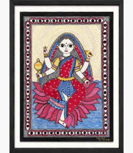A traditional Madhubani painting on handmade paper depicting four-armed Goddess Siddhidatri in red and blue attire holding a mace, chakra, shankha, and lotus, seated on a pink lotus over blue water, framed by a protective eye-pattern border by artist Anupriya.