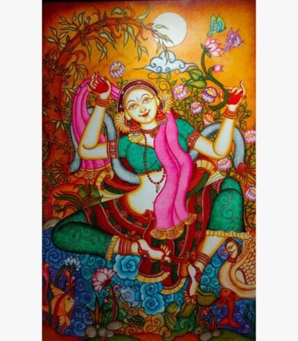 Traditional Kerala mural painting titled Enchanted Radha by Akshaya Sivadas depicting Radha holding a pink veil under a full moon surrounded by lotus blossoms, a swan, and a golden forest.