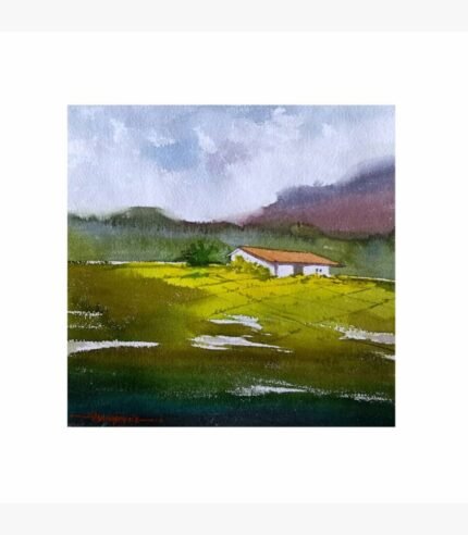 An original impressionistic watercolor landscape painting on paper depicting a white terracotta-roofed cottage nestled in a sunlit green field under misty purple mountains by artist Avinash.