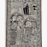 An original Indian monochrome Madhubani folk art painting on handmade paper depicting village life and music by artist Bhavna Mishra.